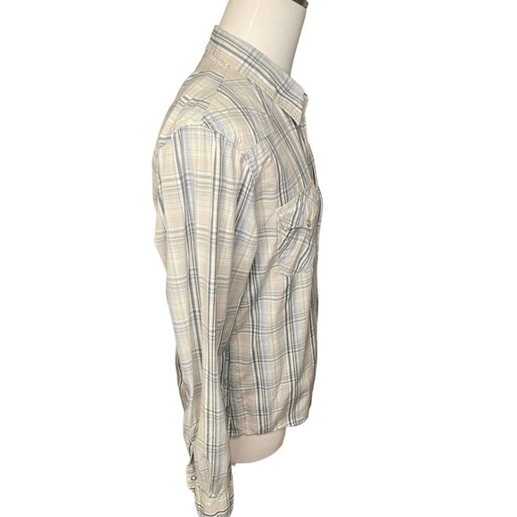 BKE Shirt Mens Pearl Snap Plaid Buckle Athletic Fit Western Tan Blue Large - Picture 8 of 10